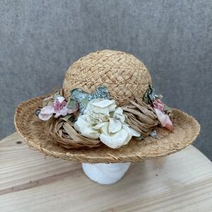 Cappelli Straw Sun Hat OS Tan Floral Raffia Bow Wide Brim Beach Hat Flowers